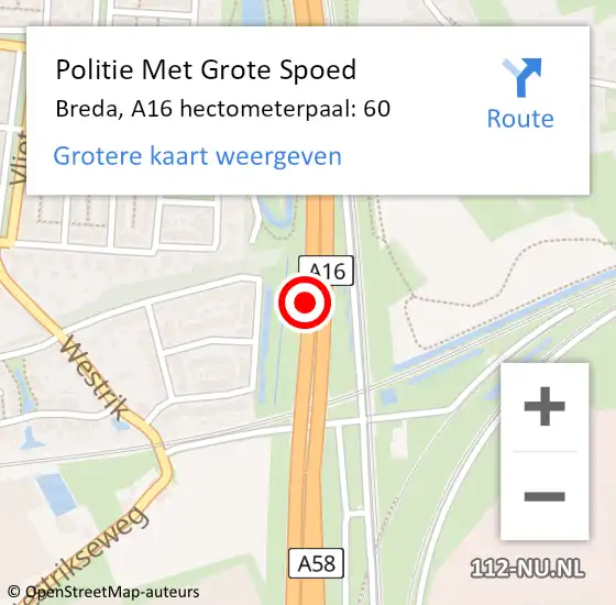 Locatie op kaart van de 112 melding: Politie Met Grote Spoed Naar Breda, A16 hectometerpaal: 60 op 10 januari 2023 11:45