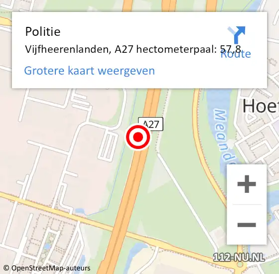 Locatie op kaart van de 112 melding: Politie Vijfheerenlanden, A27 hectometerpaal: 57,8 op 10 januari 2023 13:49