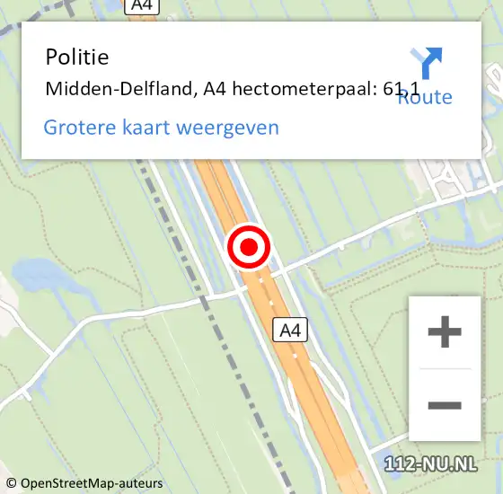 Locatie op kaart van de 112 melding: Politie Midden-Delfland, A4 hectometerpaal: 61,1 op 10 januari 2023 16:36