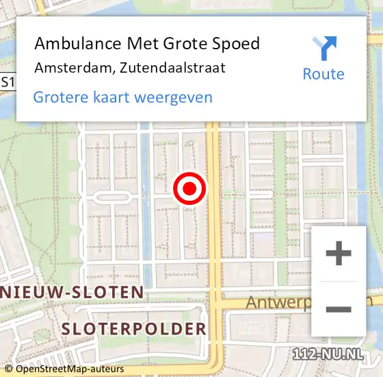 Locatie op kaart van de 112 melding: Ambulance Met Grote Spoed Naar Amsterdam, Zutendaalstraat op 10 januari 2023 18:26