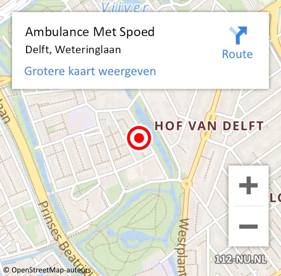 Locatie op kaart van de 112 melding: Ambulance Met Spoed Naar Delft, Weteringlaan op 10 januari 2023 20:50