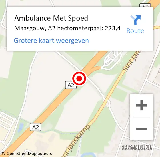 Locatie op kaart van de 112 melding: Ambulance Met Spoed Naar Maasgouw, A2 hectometerpaal: 223,4 op 11 januari 2023 00:35