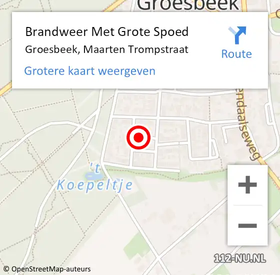 Locatie op kaart van de 112 melding: Brandweer Met Grote Spoed Naar Groesbeek, Maarten Trompstraat op 11 januari 2023 05:33