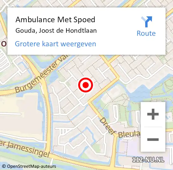 Locatie op kaart van de 112 melding: Ambulance Met Spoed Naar Gouda, Joost de Hondtlaan op 11 januari 2023 05:56