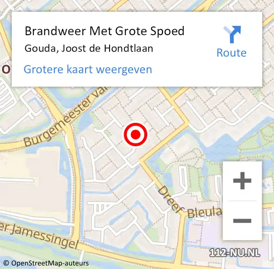 Locatie op kaart van de 112 melding: Brandweer Met Grote Spoed Naar Gouda, Joost de Hondtlaan op 11 januari 2023 06:09