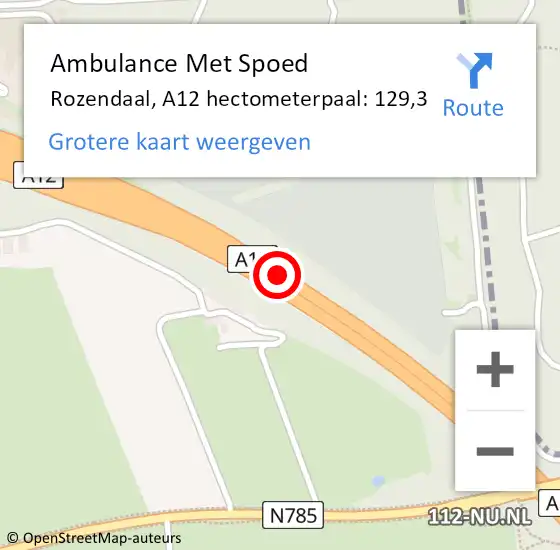 Locatie op kaart van de 112 melding: Ambulance Met Spoed Naar Rozendaal, A12 hectometerpaal: 129,3 op 11 januari 2023 06:27
