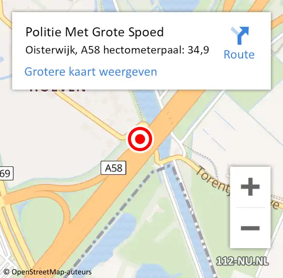 Locatie op kaart van de 112 melding: Politie Met Grote Spoed Naar Oisterwijk, A58 hectometerpaal: 34,9 op 11 januari 2023 07:53