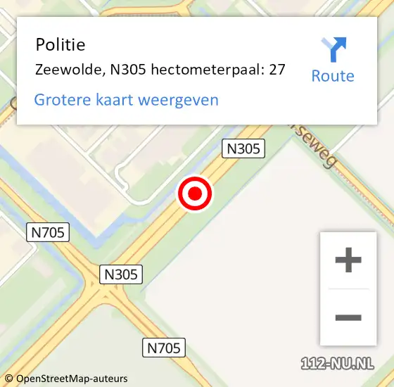 Locatie op kaart van de 112 melding: Politie Zeewolde, N305 hectometerpaal: 27 op 11 januari 2023 08:11