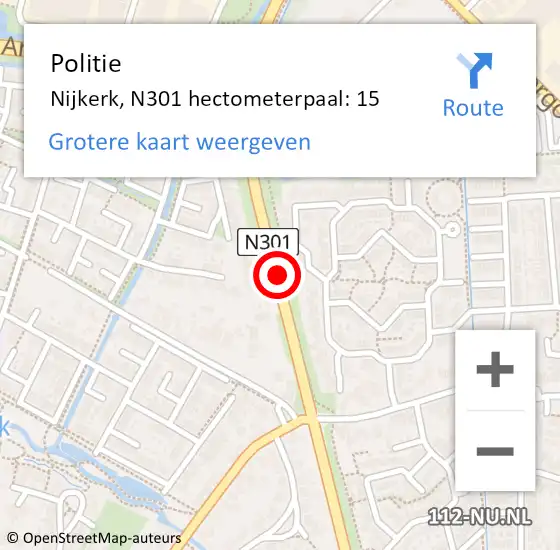 Locatie op kaart van de 112 melding: Politie Nijkerk, N301 hectometerpaal: 15 op 11 januari 2023 08:37