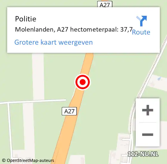 Locatie op kaart van de 112 melding: Politie Molenlanden, A27 hectometerpaal: 37,7 op 11 januari 2023 08:44