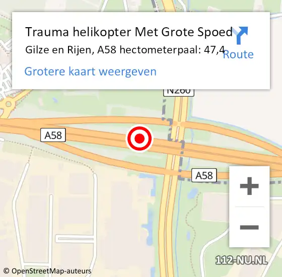 Locatie op kaart van de 112 melding: Trauma helikopter Met Grote Spoed Naar Gilze en Rijen, A58 hectometerpaal: 47,4 op 11 januari 2023 12:39