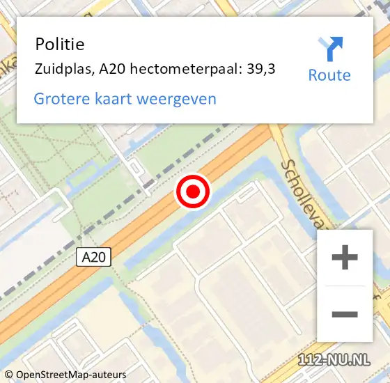 Locatie op kaart van de 112 melding: Politie Zuidplas, A20 hectometerpaal: 39,3 op 11 januari 2023 12:55