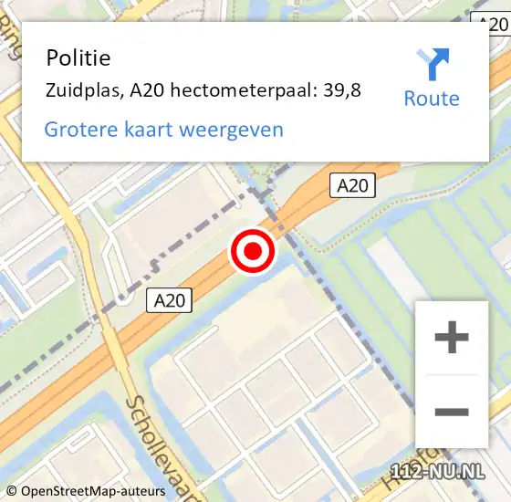 Locatie op kaart van de 112 melding: Politie Zuidplas, A20 hectometerpaal: 39,8 op 11 januari 2023 13:09