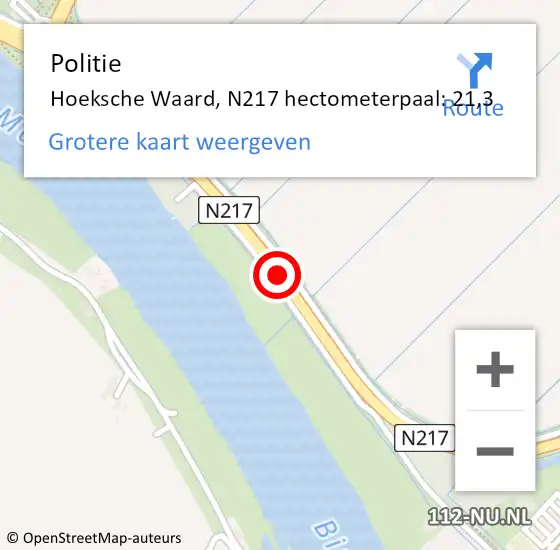 Locatie op kaart van de 112 melding: Politie Hoeksche Waard, N217 hectometerpaal: 21,3 op 11 januari 2023 16:02