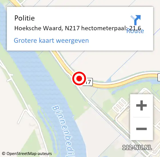 Locatie op kaart van de 112 melding: Politie Hoeksche Waard, N217 hectometerpaal: 21,6 op 11 januari 2023 16:02