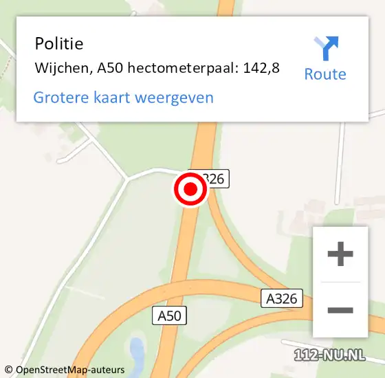 Locatie op kaart van de 112 melding: Politie Wijchen, A50 hectometerpaal: 142,8 op 11 januari 2023 16:17