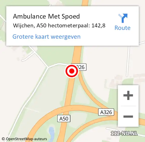 Locatie op kaart van de 112 melding: Ambulance Met Spoed Naar Wijchen, A50 hectometerpaal: 142,8 op 11 januari 2023 16:17