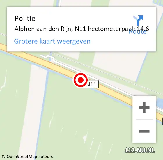 Locatie op kaart van de 112 melding: Politie Alphen aan den Rijn, N11 hectometerpaal: 14,6 op 11 januari 2023 16:33