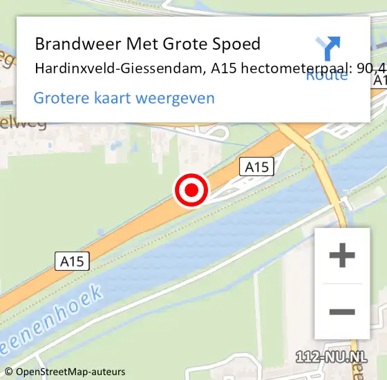 Locatie op kaart van de 112 melding: Brandweer Met Grote Spoed Naar Hardinxveld-Giessendam, A15 hectometerpaal: 90,4 op 11 januari 2023 17:58