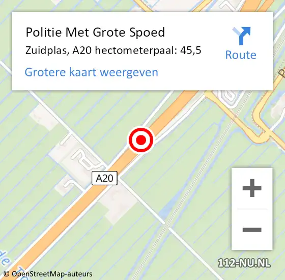 Locatie op kaart van de 112 melding: Politie Met Grote Spoed Naar Zuidplas, A20 hectometerpaal: 45,5 op 11 januari 2023 18:39