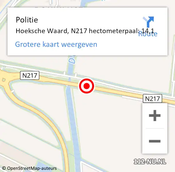 Locatie op kaart van de 112 melding: Politie Hoeksche Waard, N217 hectometerpaal: 14,1 op 12 januari 2023 06:29