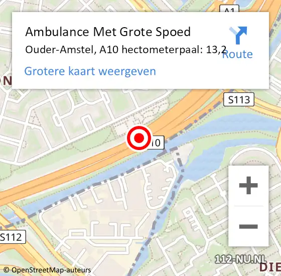 Locatie op kaart van de 112 melding: Ambulance Met Grote Spoed Naar Ouder-Amstel, A10 hectometerpaal: 13,2 op 12 januari 2023 07:49