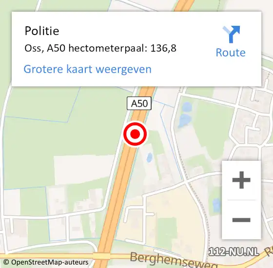 Locatie op kaart van de 112 melding: Politie Oss, A50 hectometerpaal: 136,8 op 12 januari 2023 07:54