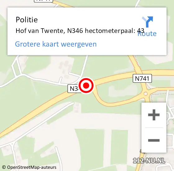 Locatie op kaart van de 112 melding: Politie Hof van Twente, N346 hectometerpaal: 43 op 12 januari 2023 08:44