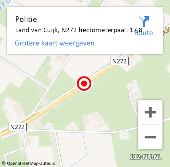 Locatie op kaart van de 112 melding: Politie Land van Cuijk, N272 hectometerpaal: 17,8 op 12 januari 2023 09:39