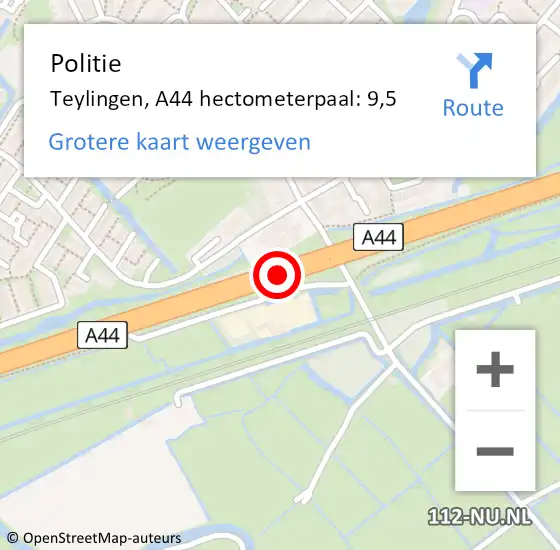 Locatie op kaart van de 112 melding: Politie Teylingen, A44 hectometerpaal: 9,5 op 12 januari 2023 11:08