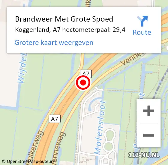 Locatie op kaart van de 112 melding: Brandweer Met Grote Spoed Naar Koggenland, A7 hectometerpaal: 29,4 op 12 januari 2023 14:52