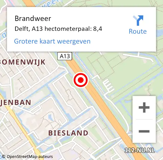 Locatie op kaart van de 112 melding: Brandweer Delft, A13 hectometerpaal: 8,4 op 12 januari 2023 16:15