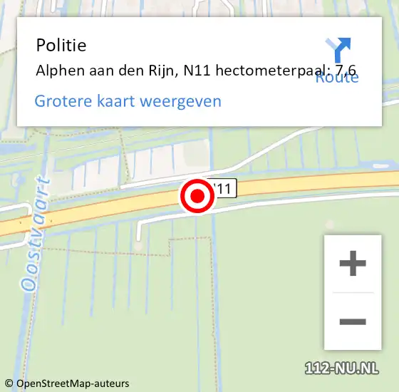 Locatie op kaart van de 112 melding: Politie Alphen aan den Rijn, N11 hectometerpaal: 7,6 op 12 januari 2023 16:32