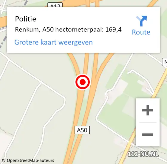 Locatie op kaart van de 112 melding: Politie Renkum, A50 hectometerpaal: 169,4 op 12 januari 2023 17:25