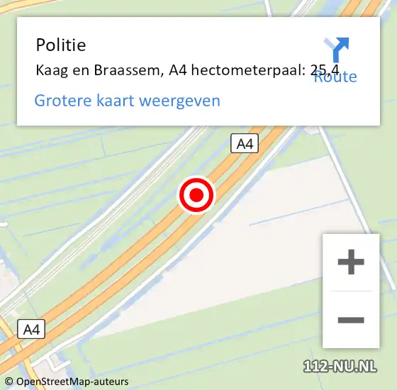 Locatie op kaart van de 112 melding: Politie Kaag en Braassem, A4 hectometerpaal: 25,4 op 12 januari 2023 18:04