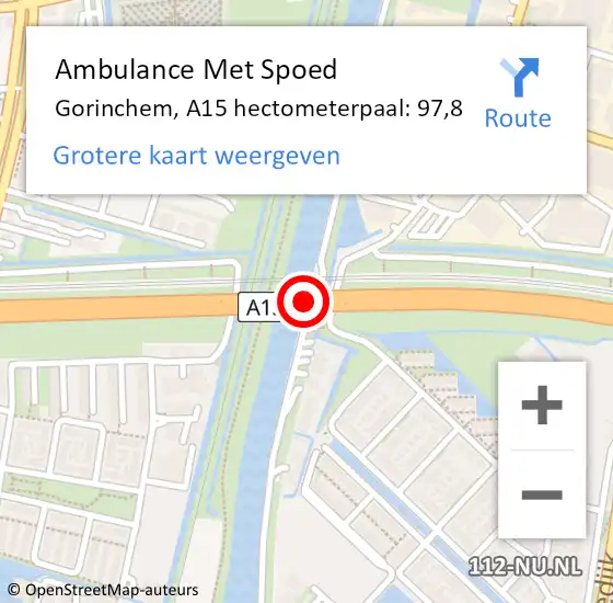 Locatie op kaart van de 112 melding: Ambulance Met Spoed Naar Gorinchem, A15 hectometerpaal: 97,8 op 12 januari 2023 18:56