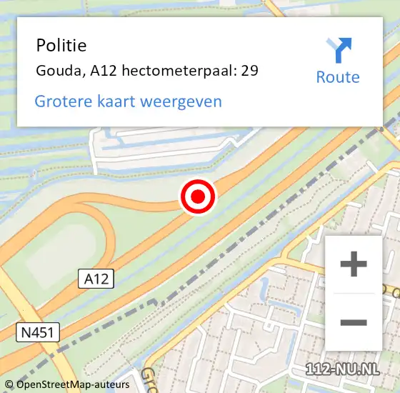 Locatie op kaart van de 112 melding: Politie Gouda, A12 hectometerpaal: 29 op 12 januari 2023 21:38