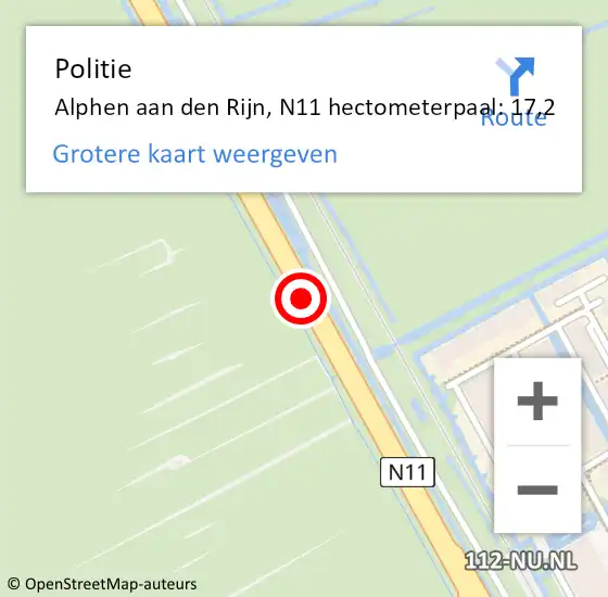 Locatie op kaart van de 112 melding: Politie Alphen aan den Rijn, N11 hectometerpaal: 17,2 op 12 januari 2023 21:51