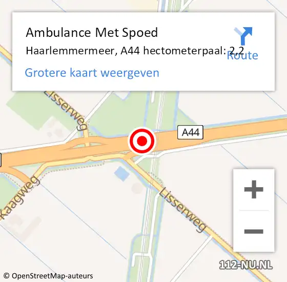 Locatie op kaart van de 112 melding: Ambulance Met Spoed Naar Haarlemmermeer, A44 hectometerpaal: 2,2 op 12 januari 2023 22:37