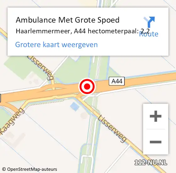 Locatie op kaart van de 112 melding: Ambulance Met Grote Spoed Naar Haarlemmermeer, A44 hectometerpaal: 2,2 op 12 januari 2023 22:51