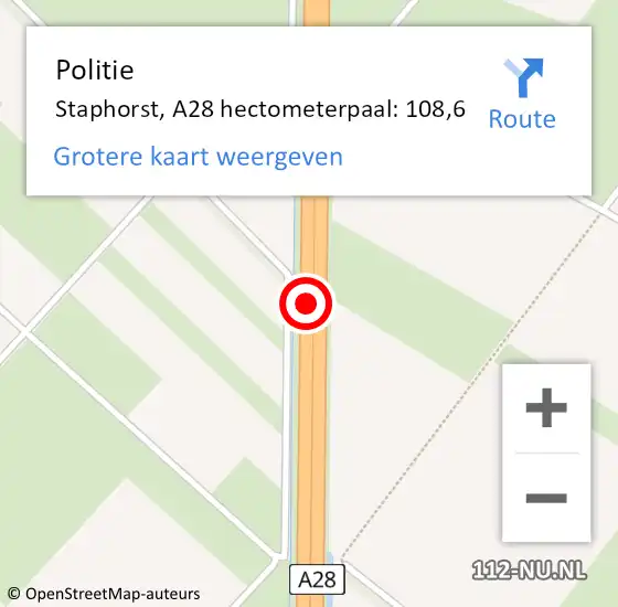 Locatie op kaart van de 112 melding: Politie Staphorst, A28 hectometerpaal: 108,6 op 13 januari 2023 01:10