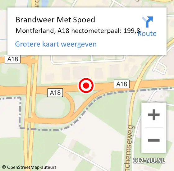 Locatie op kaart van de 112 melding: Brandweer Met Spoed Naar Montferland, A18 hectometerpaal: 199,8 op 13 januari 2023 01:22