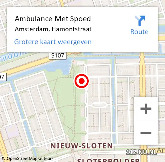 Locatie op kaart van de 112 melding: Ambulance Met Spoed Naar Amsterdam, Hamontstraat op 13 januari 2023 02:20