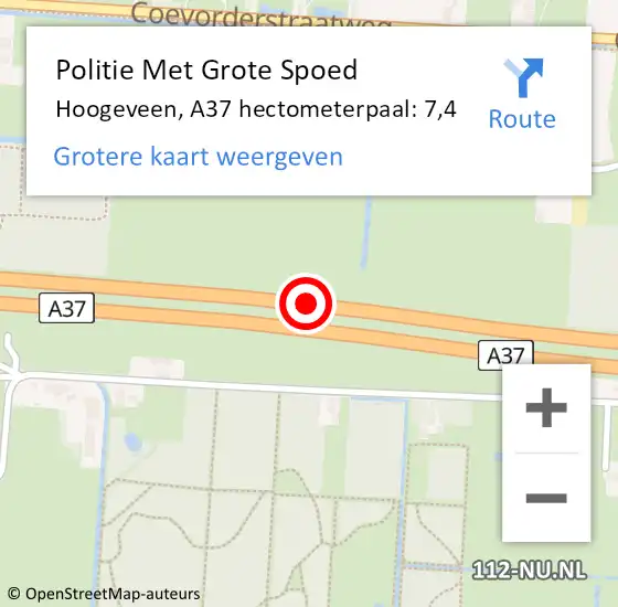 Locatie op kaart van de 112 melding: Politie Met Grote Spoed Naar Hoogeveen, A37 hectometerpaal: 7,4 op 13 januari 2023 07:11