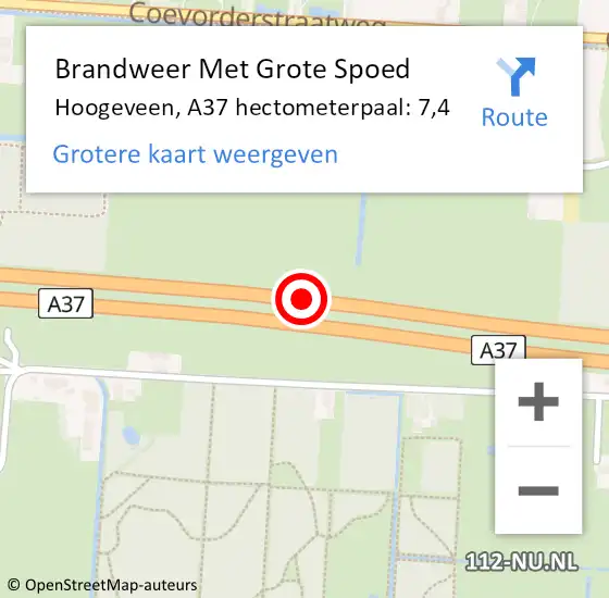 Locatie op kaart van de 112 melding: Brandweer Met Grote Spoed Naar Hoogeveen, A37 hectometerpaal: 7,4 op 13 januari 2023 07:13