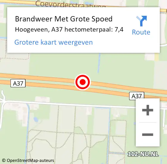 Locatie op kaart van de 112 melding: Brandweer Met Grote Spoed Naar Hoogeveen, A37 hectometerpaal: 7,4 op 13 januari 2023 07:14