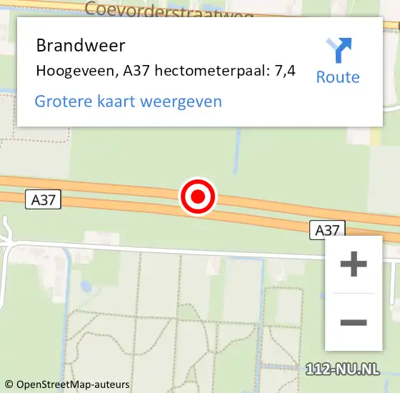 Locatie op kaart van de 112 melding: Brandweer Hoogeveen, A37 hectometerpaal: 7,4 op 13 januari 2023 07:15