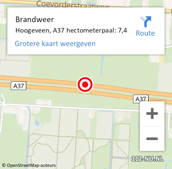 Locatie op kaart van de 112 melding: Brandweer Hoogeveen, A37 hectometerpaal: 7,4 op 13 januari 2023 07:17