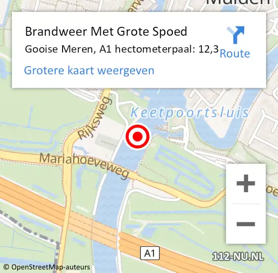 Locatie op kaart van de 112 melding: Brandweer Met Grote Spoed Naar Gooise Meren, A1 hectometerpaal: 12,3 op 13 januari 2023 18:11