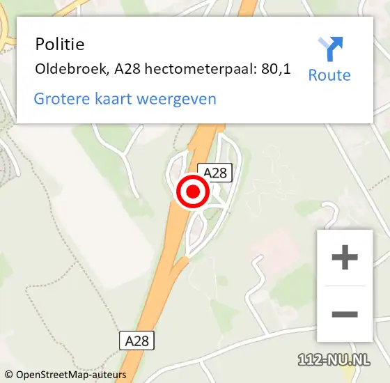 Locatie op kaart van de 112 melding: Politie Oldebroek, A28 hectometerpaal: 80,1 op 13 januari 2023 18:26